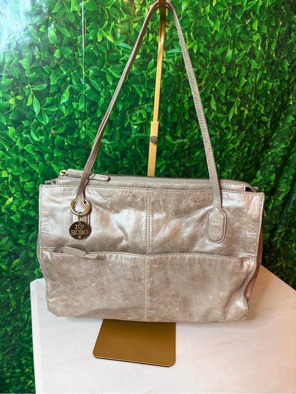 HOBO Silver Metallic Leather Shoulder Bag